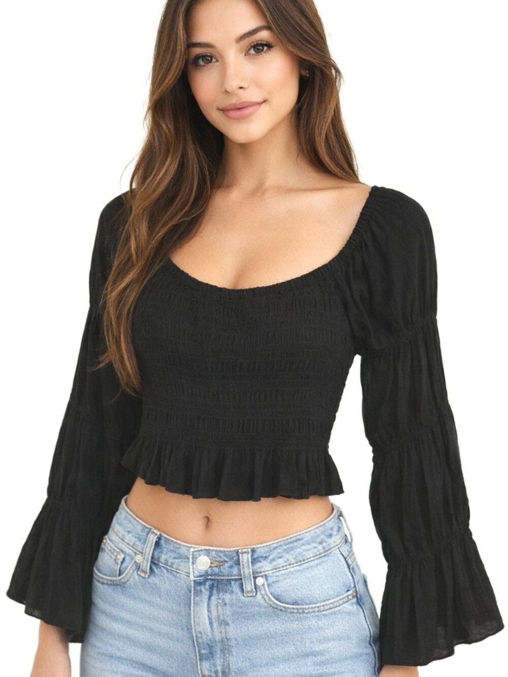 Rag-Doll Off-Shoulder Smocked Peplum Black Top • ENKAY • NWT Medium